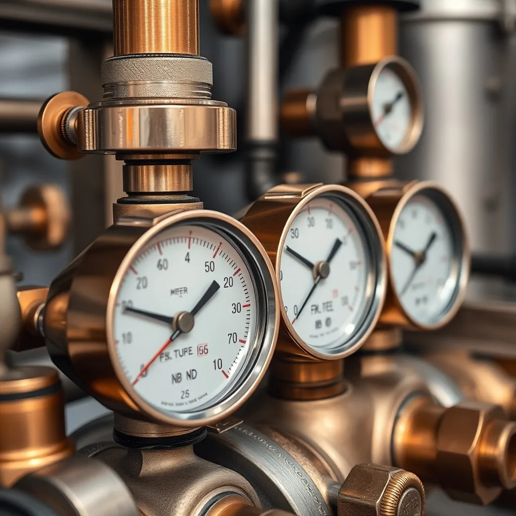 Close-up of industrial steam cleaner pressure gauges and val